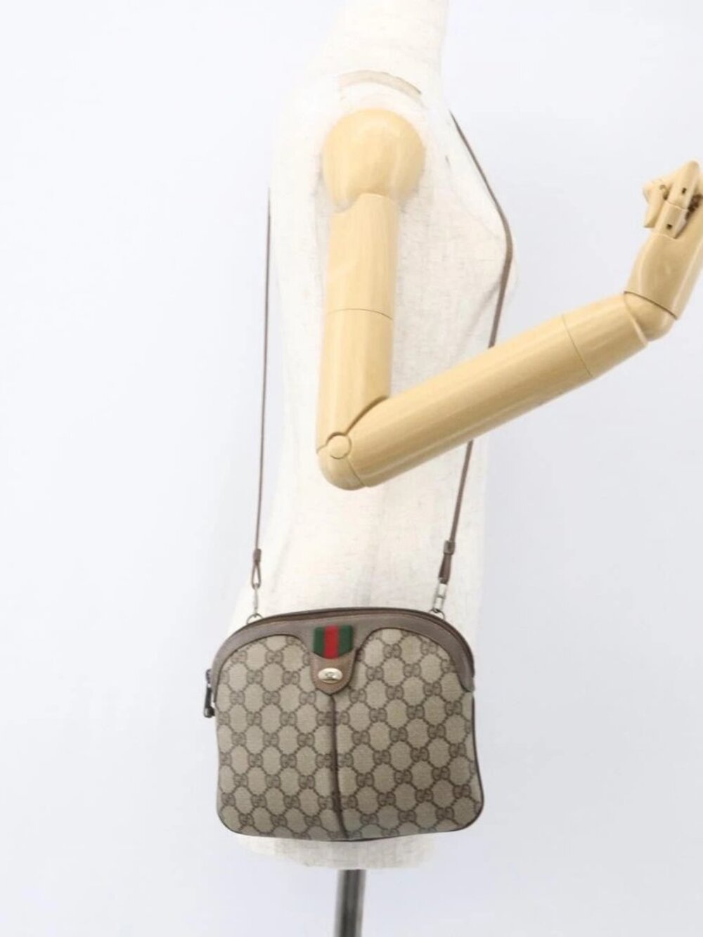 GUCCI GG Supreme Web Sherry Line Bag PVC Beige Gold 904 02 047 Auth 157335